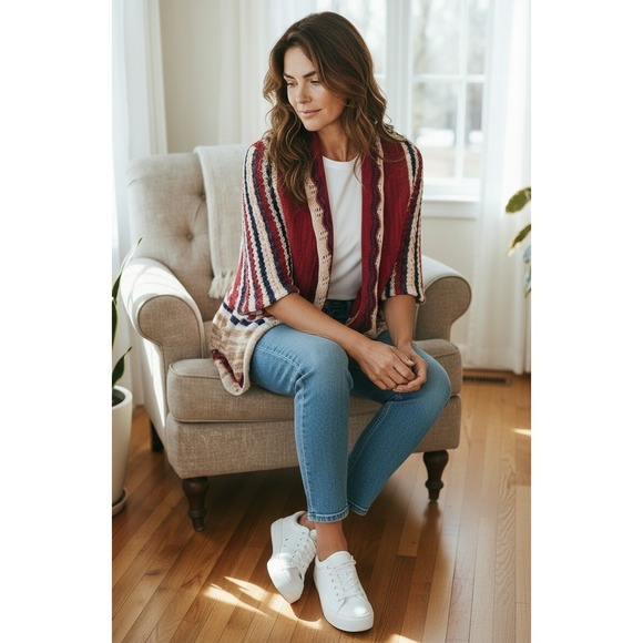 Umgee USA Women's Striped Pointelle Knit Open Front Cardigan Boho Red Multi M/L - Picture 2 of 6